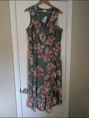 Luxology Floral Faux Wrap Dress in Sage Green and Blush